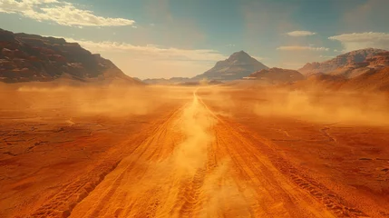 Plexiglas foto achterwand Safari and travel to Africa, extreme adventures or science expedition in a stone desert. Sahara desert at sunrise, mountain landscape with dust on skyline, hills and traces of the off-road car. © Matthew