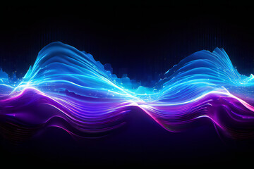 Abstract digital particle waves undulate in neon blue, white, and purple colors. - obrazy, fototapety, plakaty