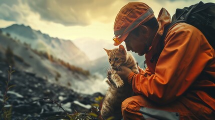 A man kneels next to a cat on a mountain, painting the breathtaking landscape