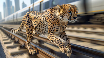 A cheetah racing alongside highspeed trains embodying velocity and grace against a backdrop of streamlined railways and city skylines