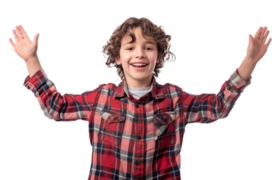 Smiling curly-haired boy with arms raised, cut out - stock png.