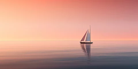 Deurstickers Minimalistic scene of a single sailboat in vast calm waters, under a dusky sky with a serene horizon © Svitlana