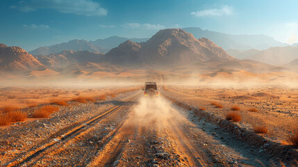 Safari and travel to Africa, extreme adventures or science expedition in a stone desert. Sahara desert at sunrise, mountain landscape with dust on skyline, hills and traces of the off-road car. - obrazy, fototapety, plakaty