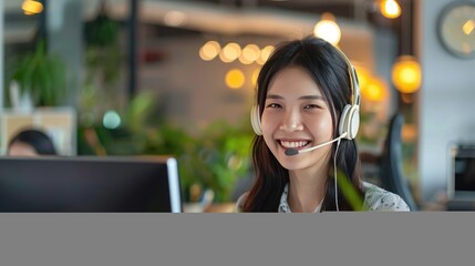 Asian businesswoman excelling in customer service, donning a headset and working with a computer. Elevate your business support with our diverse and professional team!