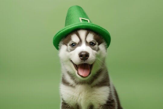 Happy husky puppy in a green leprechaun hat. Husky dog on plain green studio background. St Patrick Day themed animal photo for festive horizontal banner