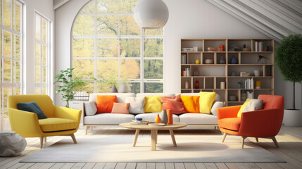 A stylish living room with adjustable furniture and colorful accents