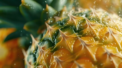 A close-up of a golden yellow pineapple rind with glistening water droplets clinging to its textured surface. This refreshing image evokes the tropics 