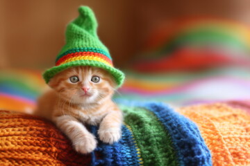 Tabby ginger kitten in a green knitted hat lying on a rainbow quilt. Small kitty in a festive leprechaun hat on a blurred background with copy space for text. Saint Patrick's Day concept.
