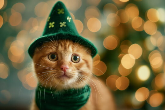 Portrait of a small kitty in a green hat on a festive green background with bokeh lights. Small ginger kitten in a green leprechaun hat. Saint Patrick's Day concept. St Patrick Day themed pet photo