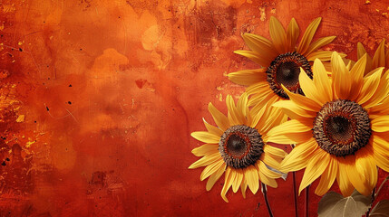 Golden sunflowers on a muted orange surface, enhanced visual appeal from a tilted view in HD brilliance. 