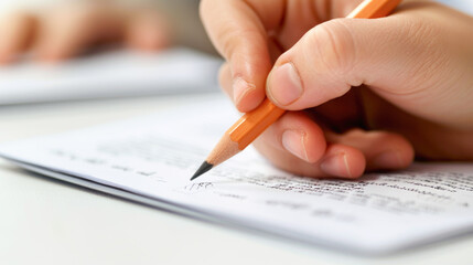 Close-up of a Hand Writing on a Piece of Paper with a Pencil, Blurred Background, Focus on Pencil Tip
