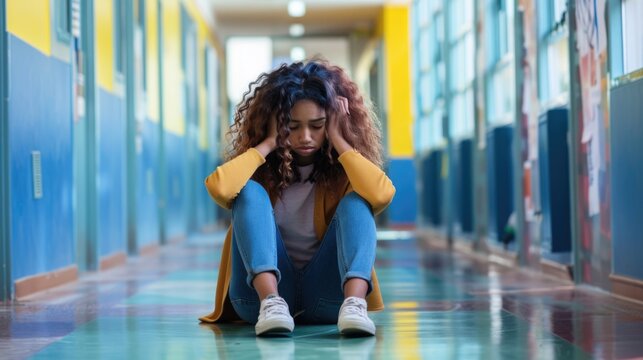 Young Female Student Sitting Alone in School Hallway with Head in Hands, Stressed or Upset