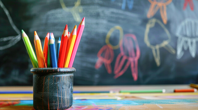 Vibrant Colored Pencils in a Pot Against a Blackboard with Children's Drawings
