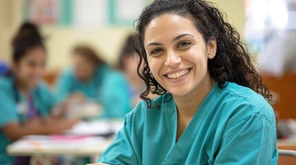 Smiling Nursing Student in Classroom - Embodying Compassion and Dedication to Healthcare Education
