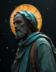 Ancient Prophet, solemn face, futuristic