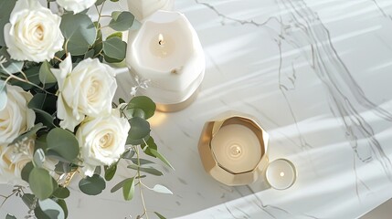 A minimalist yet striking top view display of geometric gold candle holders and sleek, modern vases. 