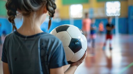 Young Boy Holding ball in Gymnasium