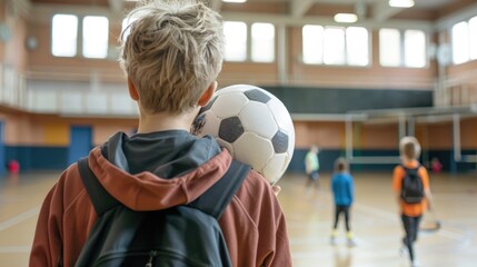 Young Boy Holding ball in Gymnasium
