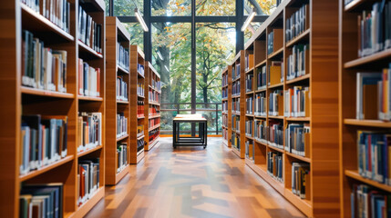 Spacious Library with Rows of Bookshelves and Tables