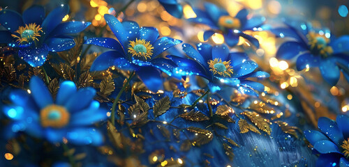Sapphire blue daisies amidst golden frangipani on a holographic canvas, viewed from a side angle.
