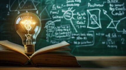 Light Bulb on Open Book in Front of Chalkboard with Mathematical Formulas - Idea and Education Concept