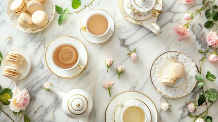 A sophisticated tea party setup viewed from above, featuring fine bone china teacups rimmed with gold, a teapot and plates of delicate macarons.  - obrazy, fototapety, plakaty