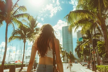 Immerse yourself in the allure of Miami's summer vibe as a beautiful tourist woman strolls confidently towards the camera, embodying the spirit of travel in this vibrant cityscape - obrazy, fototapety, plakaty
