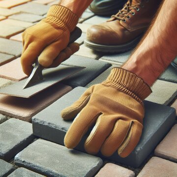 A worker perfects the pavement, using a tool to adjust the stones. This image embodies the art and precision in the craft of paving