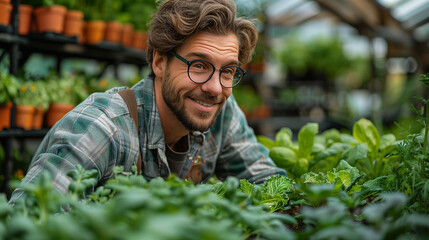 Progressive farmer evaluates thriving greenhouse harvest, emphasizing small-scale agriculture - obrazy, fototapety, plakaty