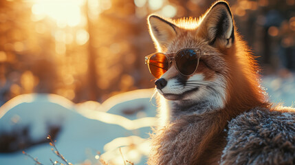 Fashion-forward fox in a faux fur coat, wearing oversized sunglasses, amidst a woodland chic backdrop, lit with dappled sunlight, emanating effortless style and charm - obrazy, fototapety, plakaty