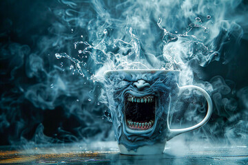 An angry teacup steaming with fury overflowing with tea its mouth open in a silent scream a piece of magical realism