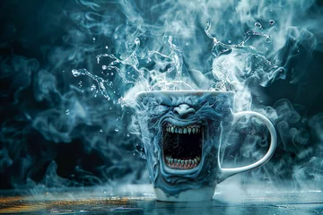 Fotobehang An angry teacup steaming with fury overflowing with tea its mouth open in a silent scream a piece of magical realism © weerasak