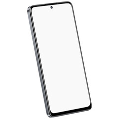 Isometric style photo of silver smartphone similar to android device without background. Template for mockup