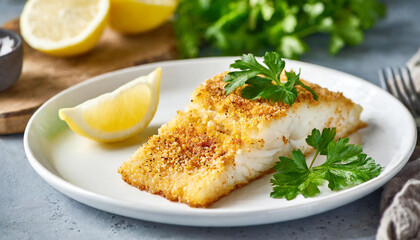 Baked cod fish with a crispy coating and lemon.
