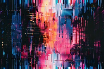 Explore the dynamic interplay of colors and shapes in an abstract digital signal glitch pattern, evoking a sense of technological intrigue and visual complexity