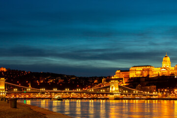 Buda Castle illuminated at night in Budapest, Hungary