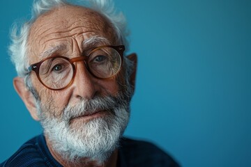 Photo of retired old man isolated blue color background