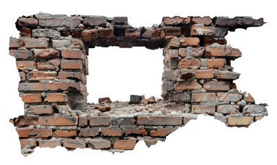 Broken brick wall remains on transparent background - stock png.