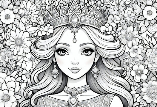 Black and white coloring page of cartoon princess with lots of flowers, outline digital illustration and pencil drawing for kids and adult.