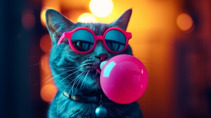 Cute cat with pink heart shaped sunglasses and chewing bubble gum - obrazy, fototapety, plakaty
