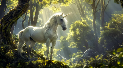 Capture the mystical aura of a unicorns eyes in the midst of an ancient forest filled with enchanting secrets