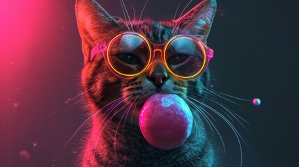 Funny cat in sunglasses with bubble gum in mouth on dark background