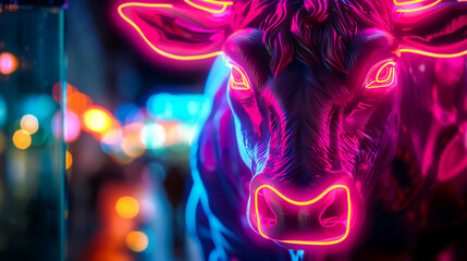 Close up of a neon lit bull symbolizing a bullish financial market
