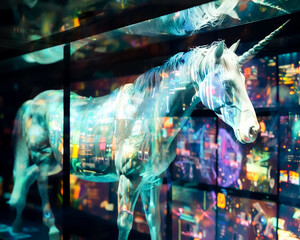 Digital screens displaying holographic images on the unicorns body in extreme close up