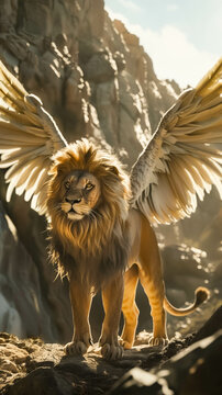 Capture the essence of adventure in a valley through a Surrealist interpretation of lion with wings Close up