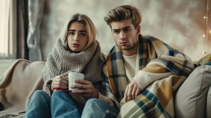 Young beautiful caucasian couple man and woman sitting on the couch on sunny day at home indoors enjoying recovery from illness as hygge comfort concept