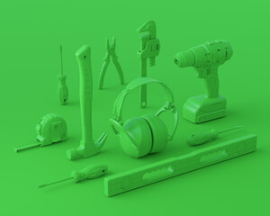 Isometric view of monochrome construction tools for repair on