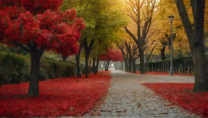 Fotobehang Autumn park with red flowers and empty alley, natural seasonal background © Hataf