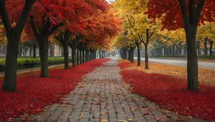 Foto op Plexiglas Autumn park with red flowers and empty alley, natural seasonal background © Hataf
