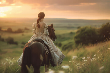 A woman in a vintage 18th-century dress is riding a horse through the countryside.